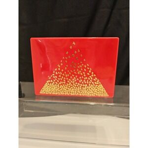 Vintage Trifari Red Plastic Trinket Box‎ Gold Geometric Triangle Mosaic Lid